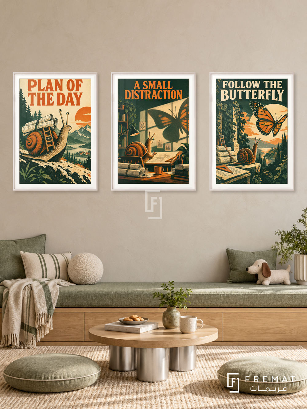 Plans — set of three complementary funny artworks in White frames, shown at 50×70 cm each.