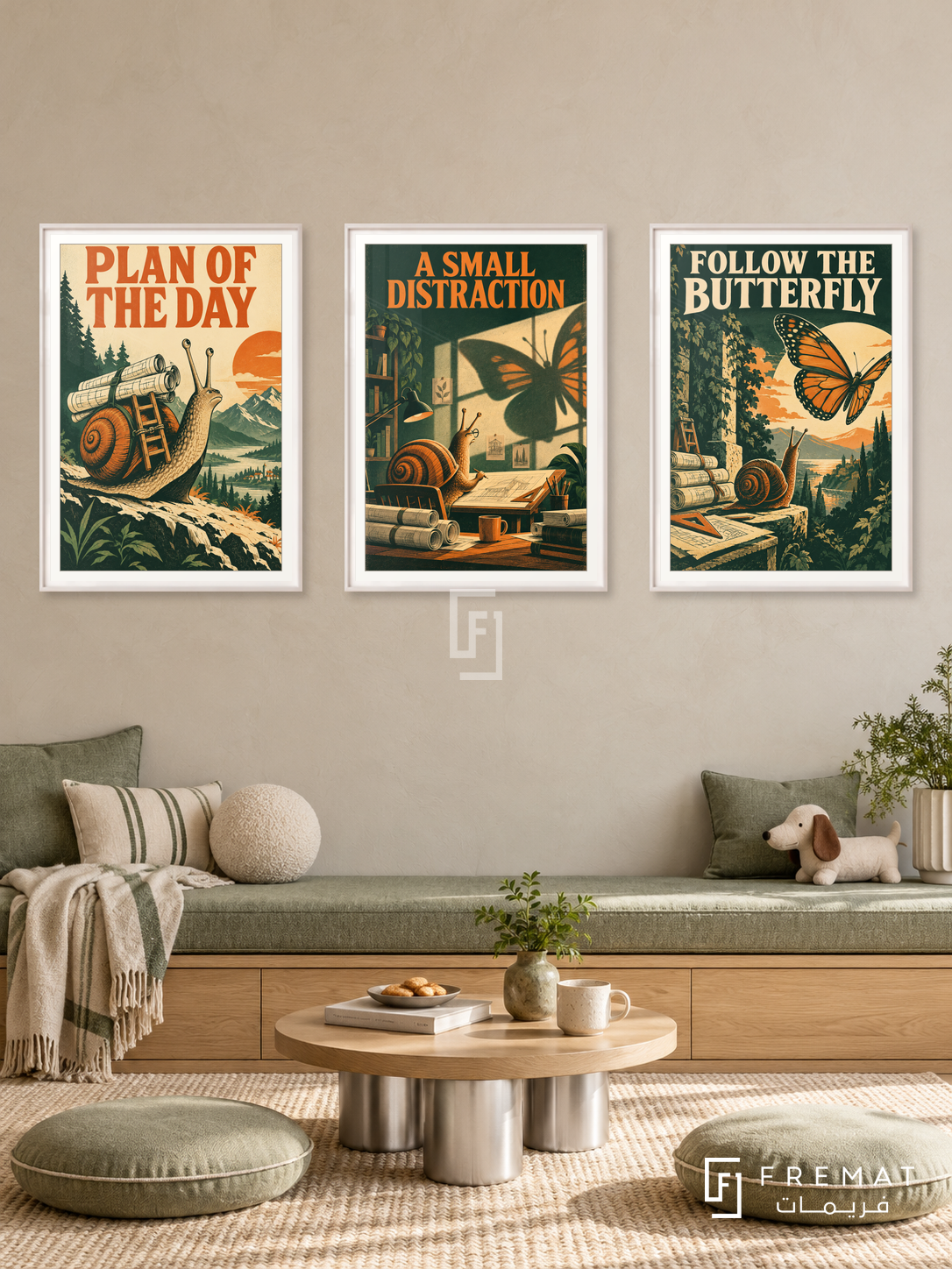 Plans — set of three complementary funny artworks in White frames, shown at 50×70 cm each.