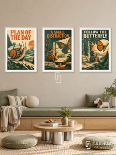 Plans — set of three complementary funny artworks in White frames, shown at 50×70 cm each.