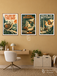 Plans — set of three complementary funny artworks in Wooden Texture frames, shown at 50×70 cm each.