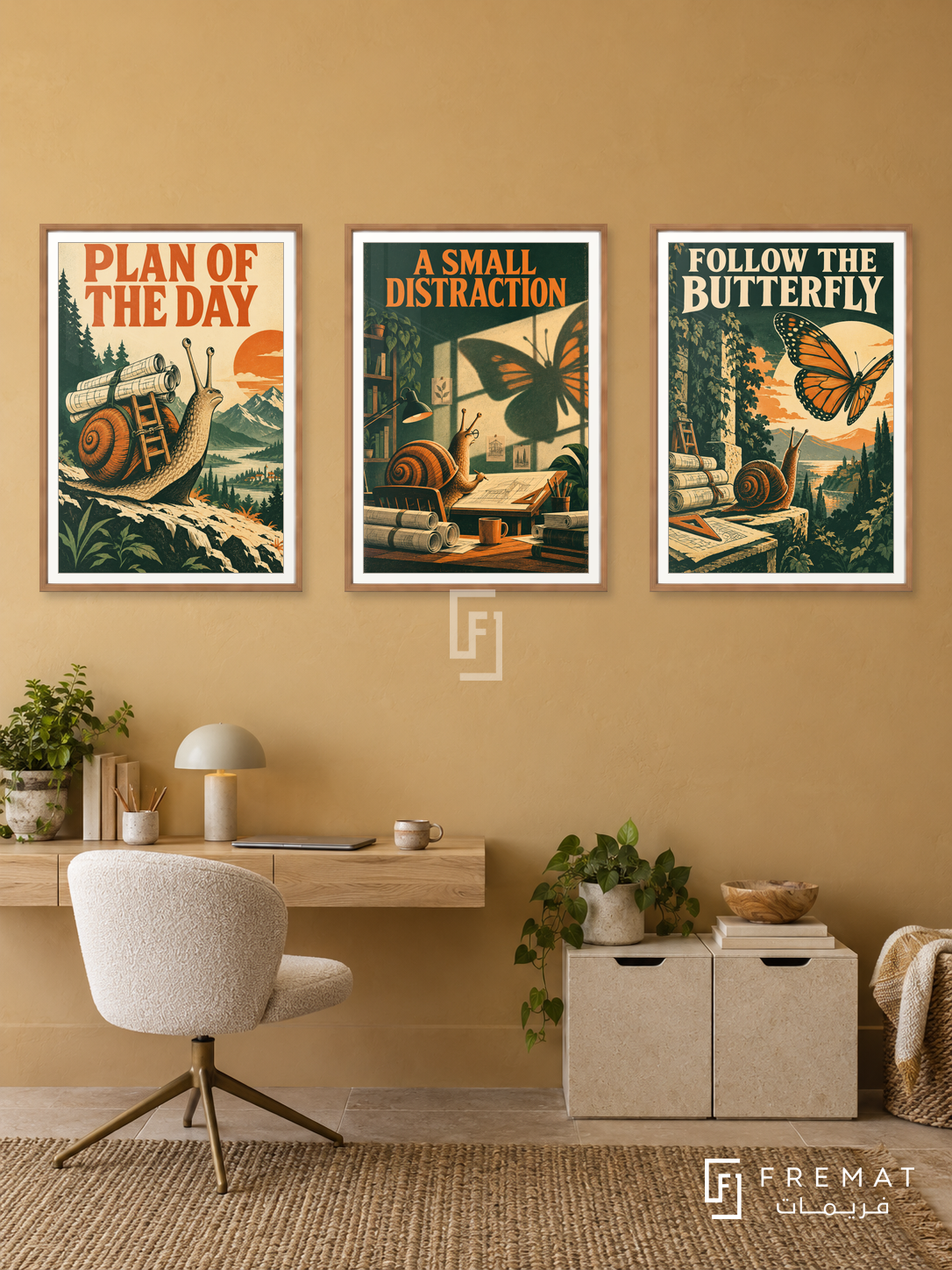 Plans — set of three complementary funny artworks in Wooden Texture frames, shown at 50×70 cm each.