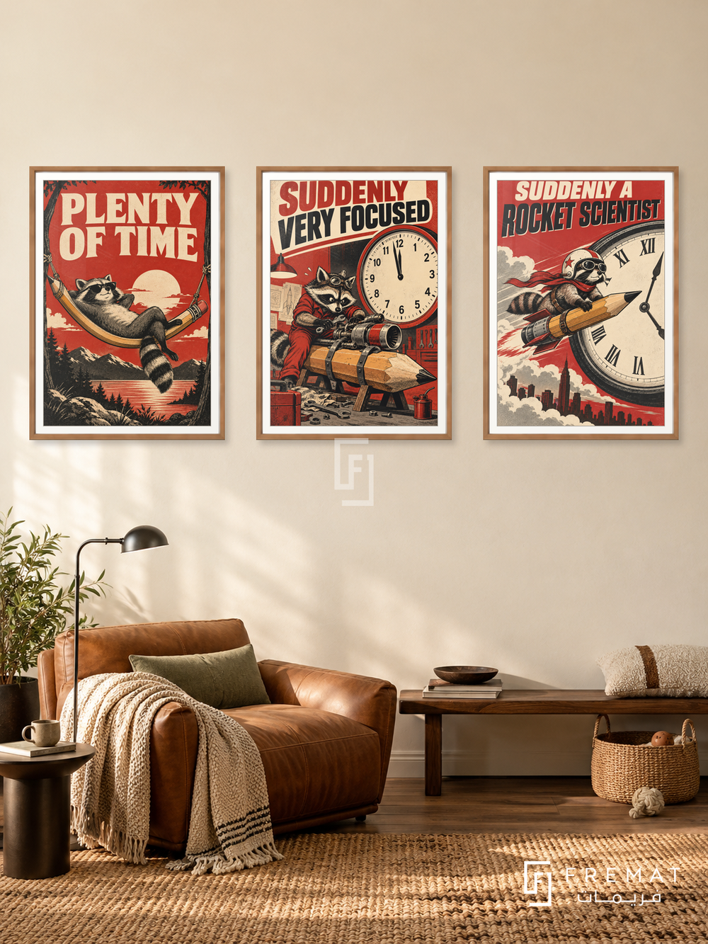 Deadline — set of three complementary funny artworks in Wooden Texture frames, shown at 50×70 cm each.