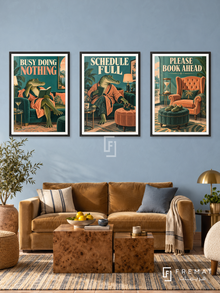 Nothing — set of three complementary funny artworks in Black frames, shown at 50×70 cm each.