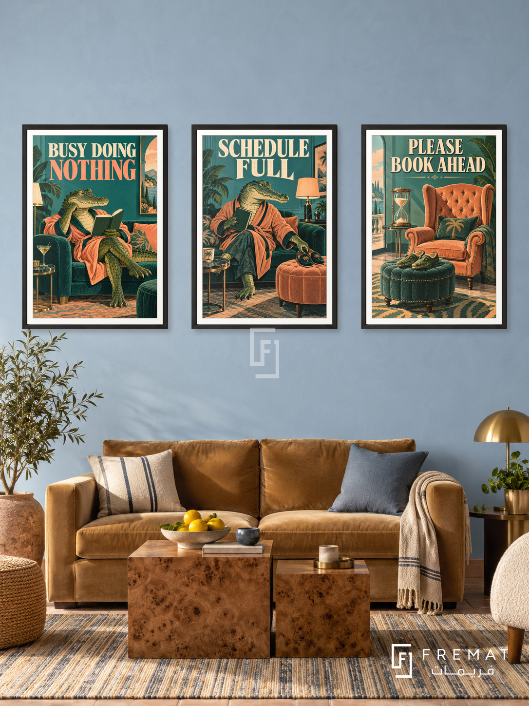Nothing — set of three complementary funny artworks in Black frames, shown at 50×70 cm each.