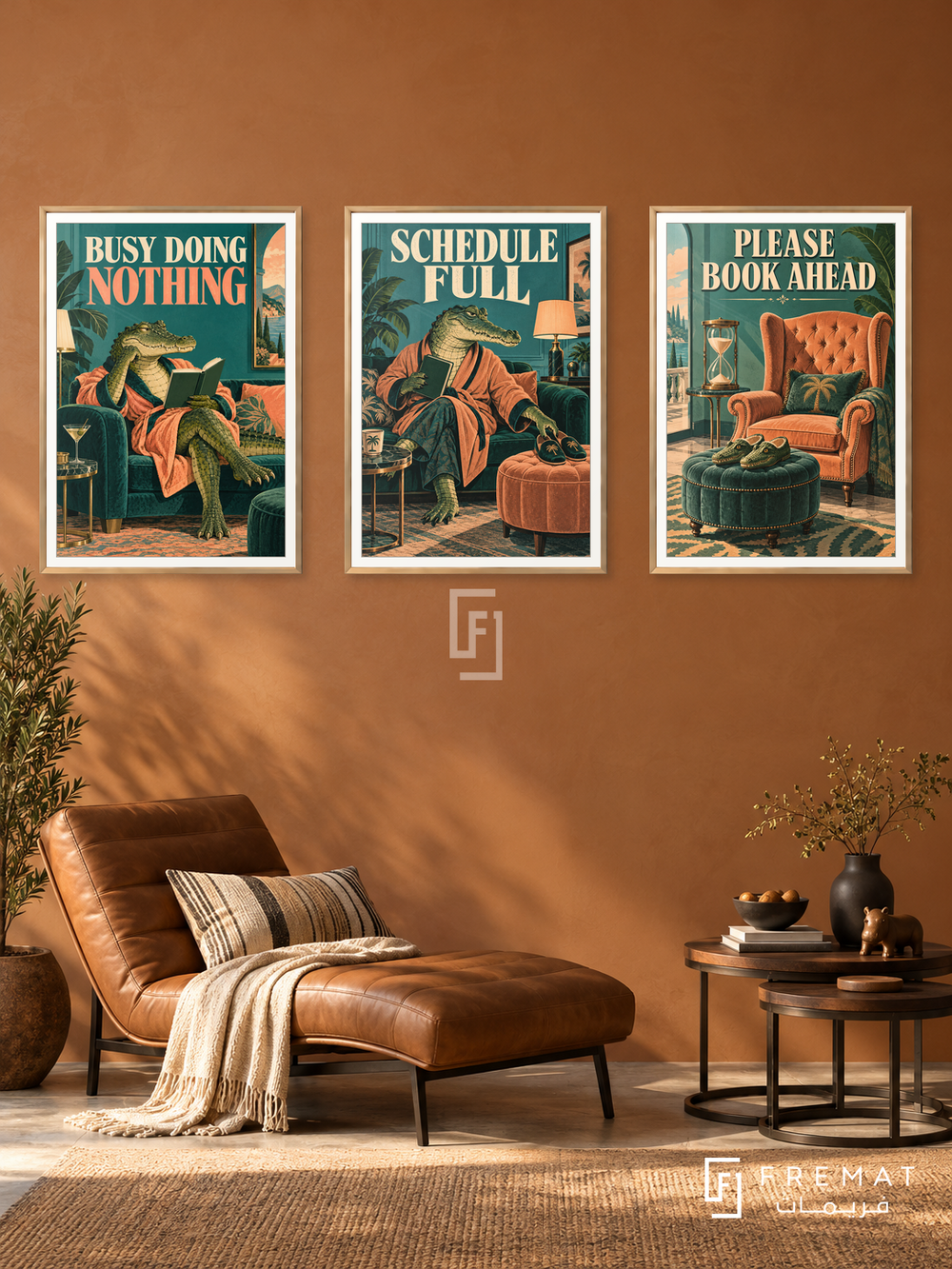 Nothing — set of three complementary funny artworks in Gold frames, shown at 50×70 cm each.