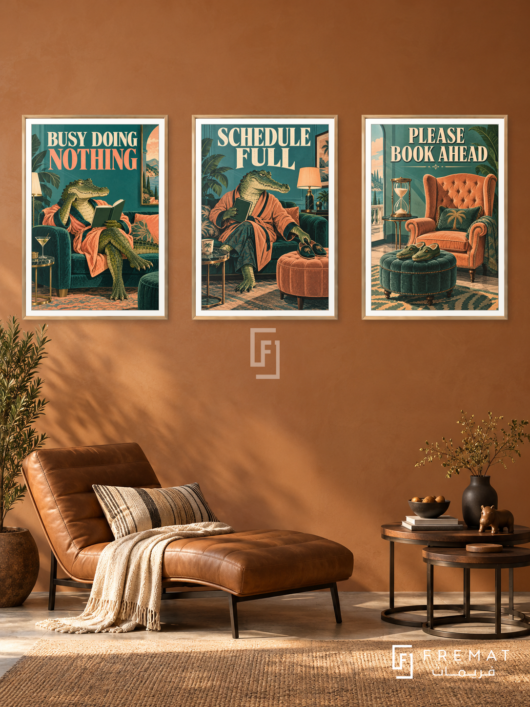 Nothing — set of three complementary funny artworks in Gold frames, shown at 50×70 cm each.