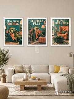 Nothing — set of three complementary funny artworks in White frames, shown at 50×70 cm each.
