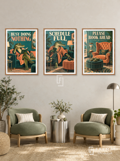 Nothing — set of three complementary funny artworks in Wooden Texture frames, shown at 50×70 cm each.