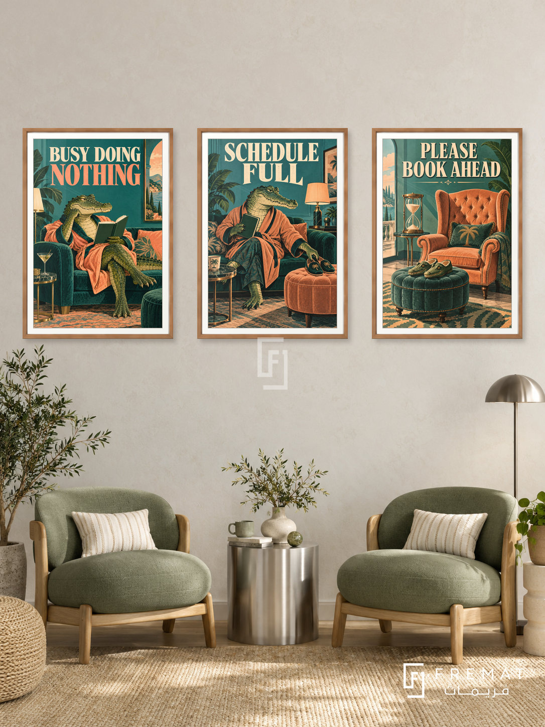Nothing — set of three complementary funny artworks in Wooden Texture frames, shown at 50×70 cm each.