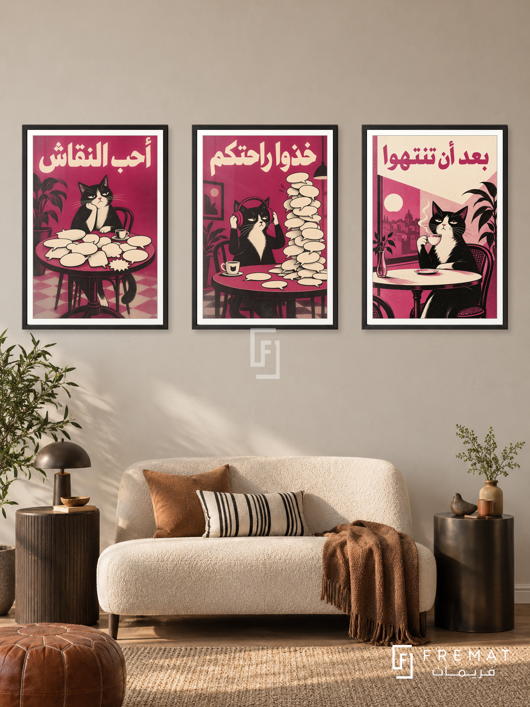 Silence — set of three complementary funny artworks in Black frames, shown at 50×70 cm each.