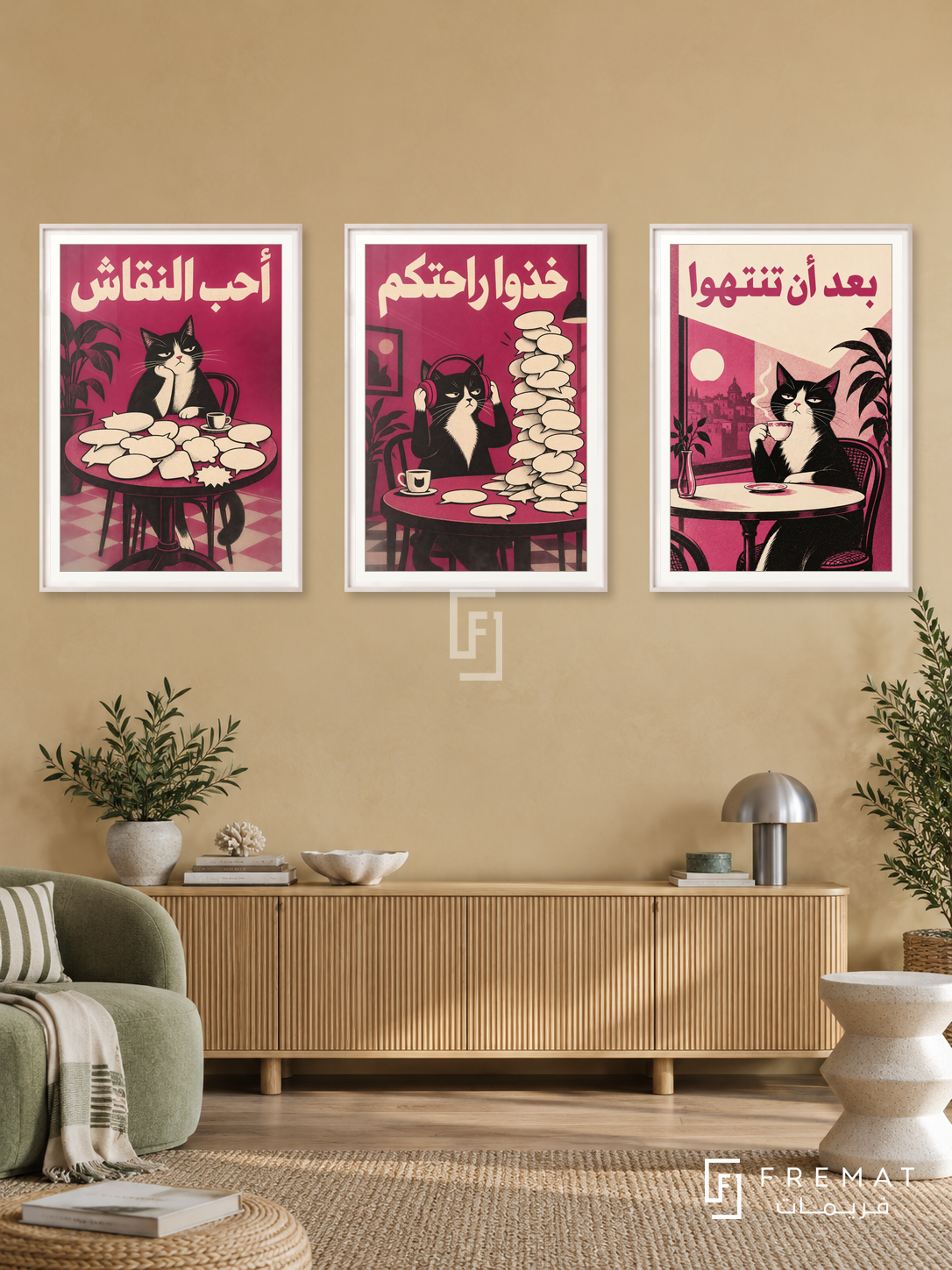 Silence — set of three complementary funny artworks in White frames, shown at 50×70 cm each.