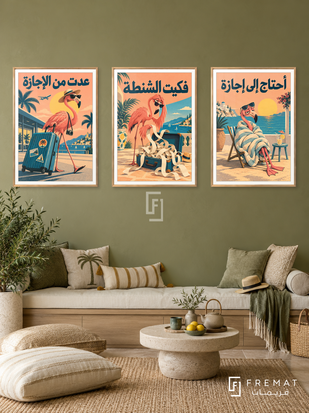 Holiday — set of three complementary funny artworks in Gold frames, shown at 50×70 cm each.