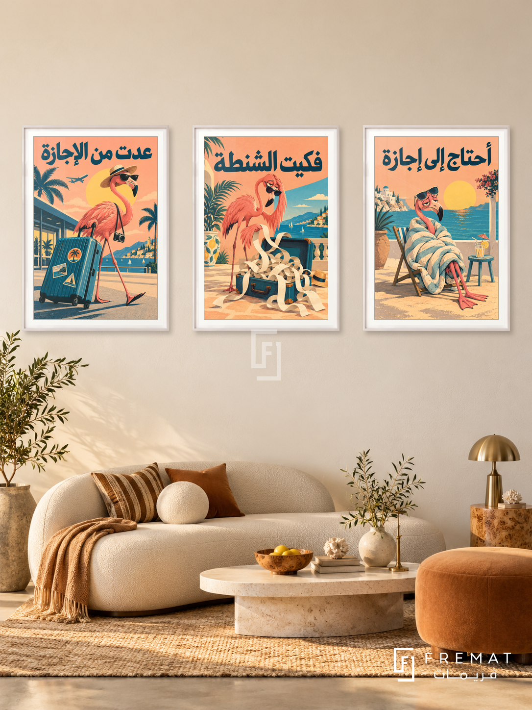 Holiday — set of three complementary funny artworks in White frames, shown at 50×70 cm each.
