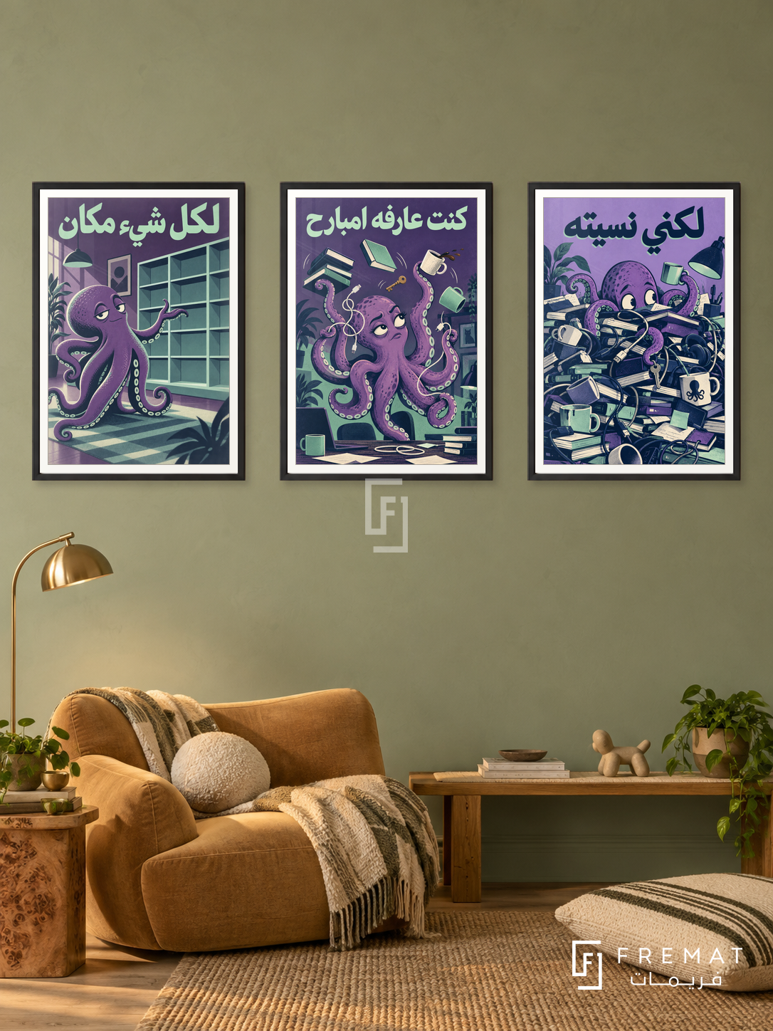 Chaos — set of three complementary funny artworks in Black frames, shown at 50×70 cm each.