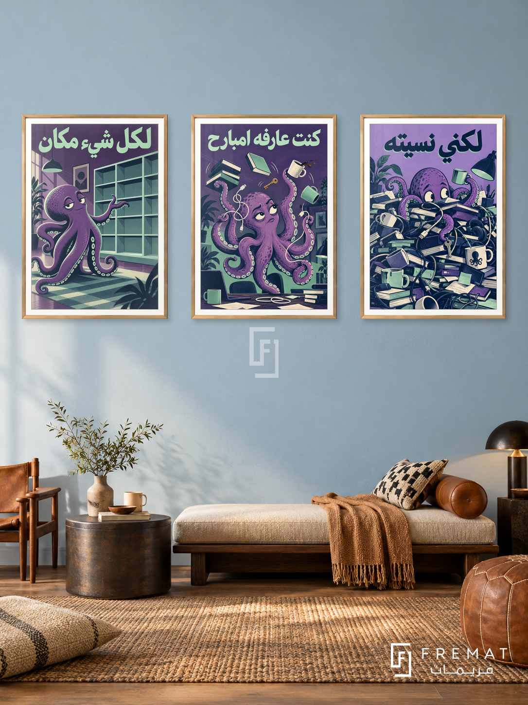 Chaos — set of three complementary funny artworks in Gold frames, shown at 50×70 cm each.