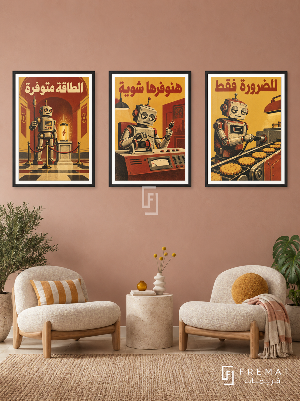 Energy — set of three complementary funny artworks in Black frames, shown at 50×70 cm each.