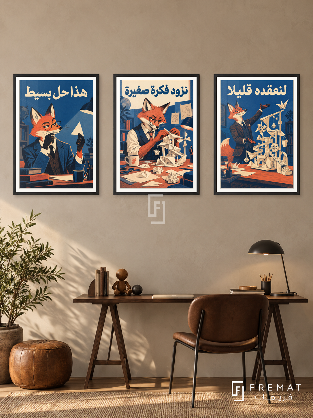 Thinking — set of three complementary funny artworks in Black frames, shown at 50×70 cm each.