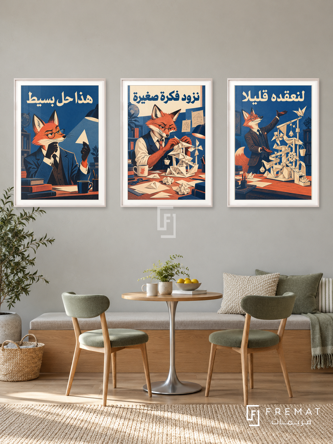 Thinking — set of three complementary funny artworks in White frames, shown at 50×70 cm each.
