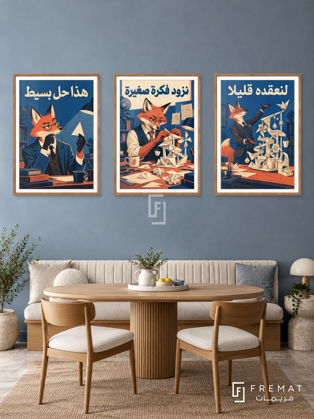 Thinking — set of three complementary funny artworks in Wooden Texture frames, shown at 50×70 cm each.