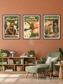 Saving Energy — set of three complementary funny artworks in Black frames, shown at 50×70 cm each.