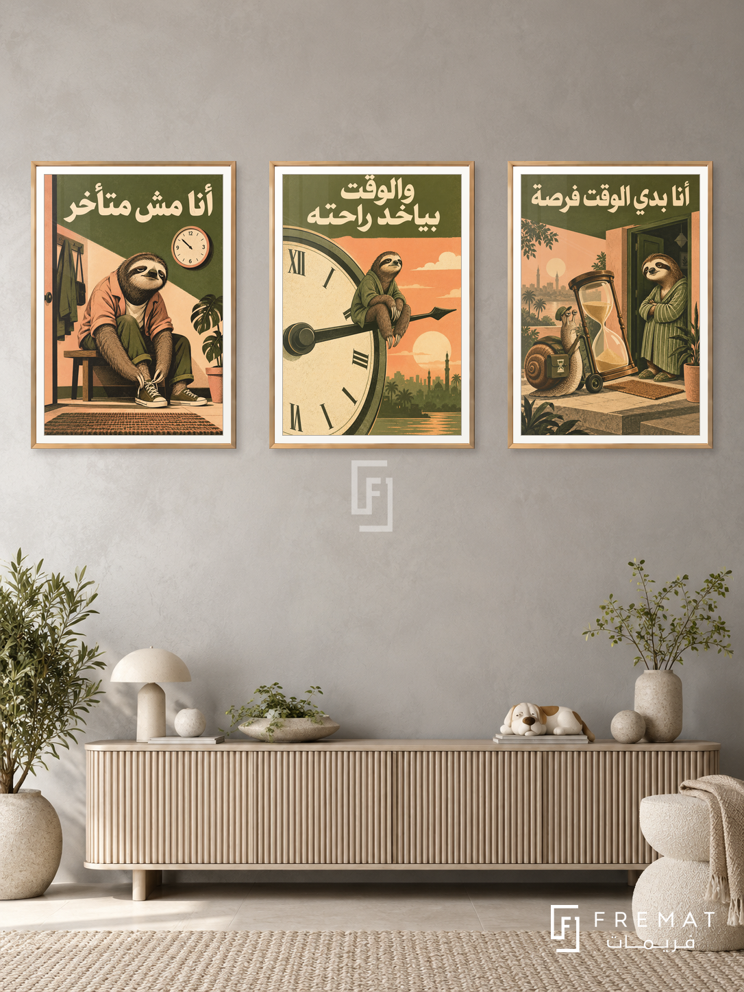 Saving Energy — set of three complementary funny artworks in Gold frames, shown at 50×70 cm each.