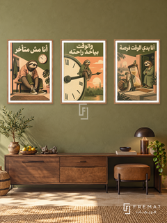 Saving Energy — set of three complementary funny artworks in Wooden Texture frames, shown at 50×70 cm each.