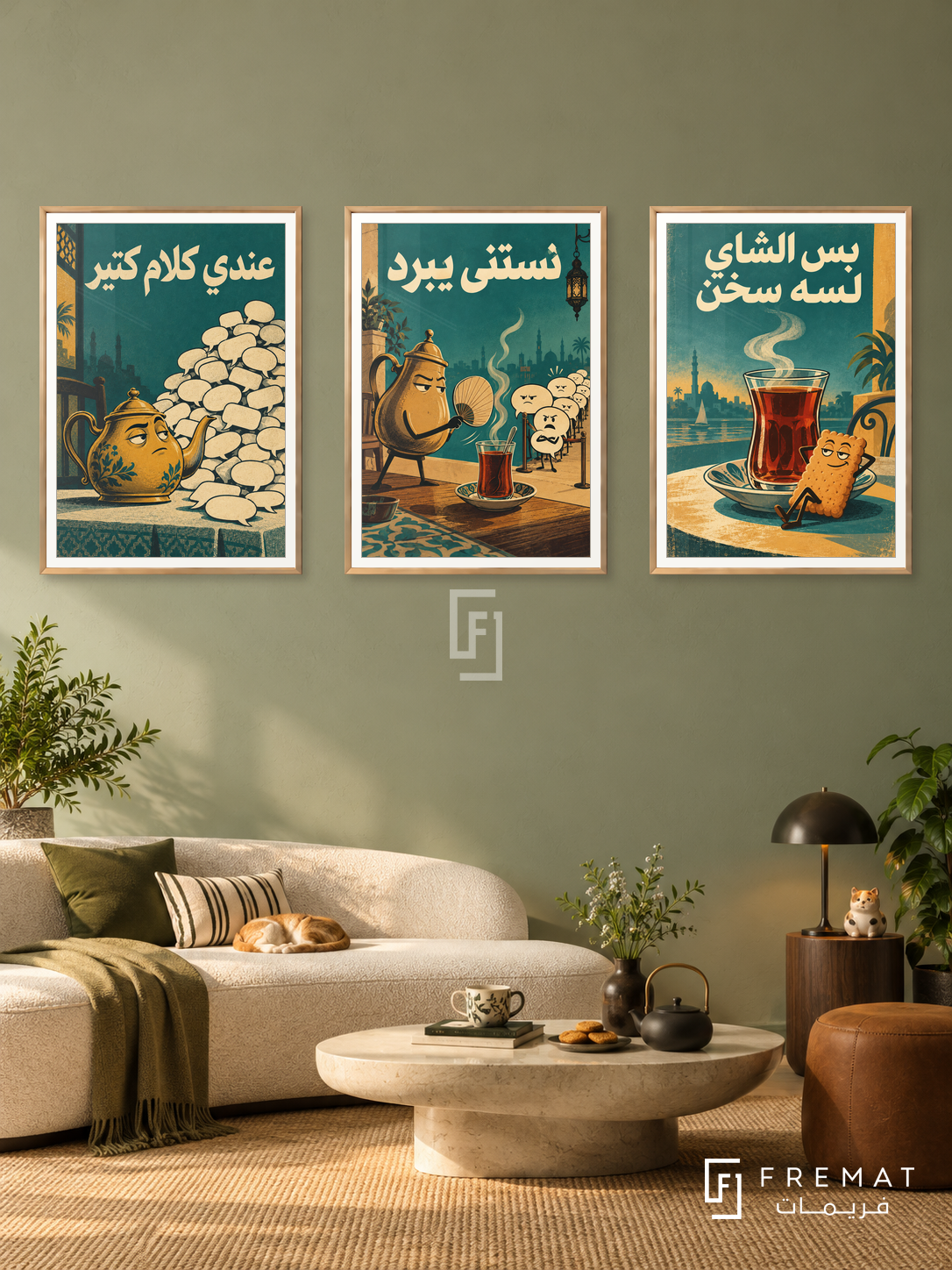Tea — set of three complementary funny artworks in Gold frames, shown at 50×70 cm each.