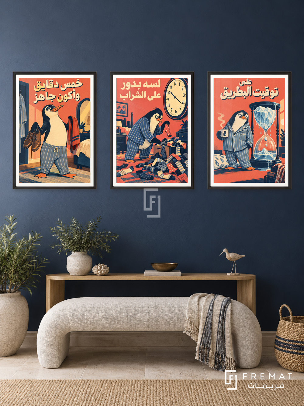 Five Minutes — set of three complementary funny artworks in Black frames, shown at 50×70 cm each.