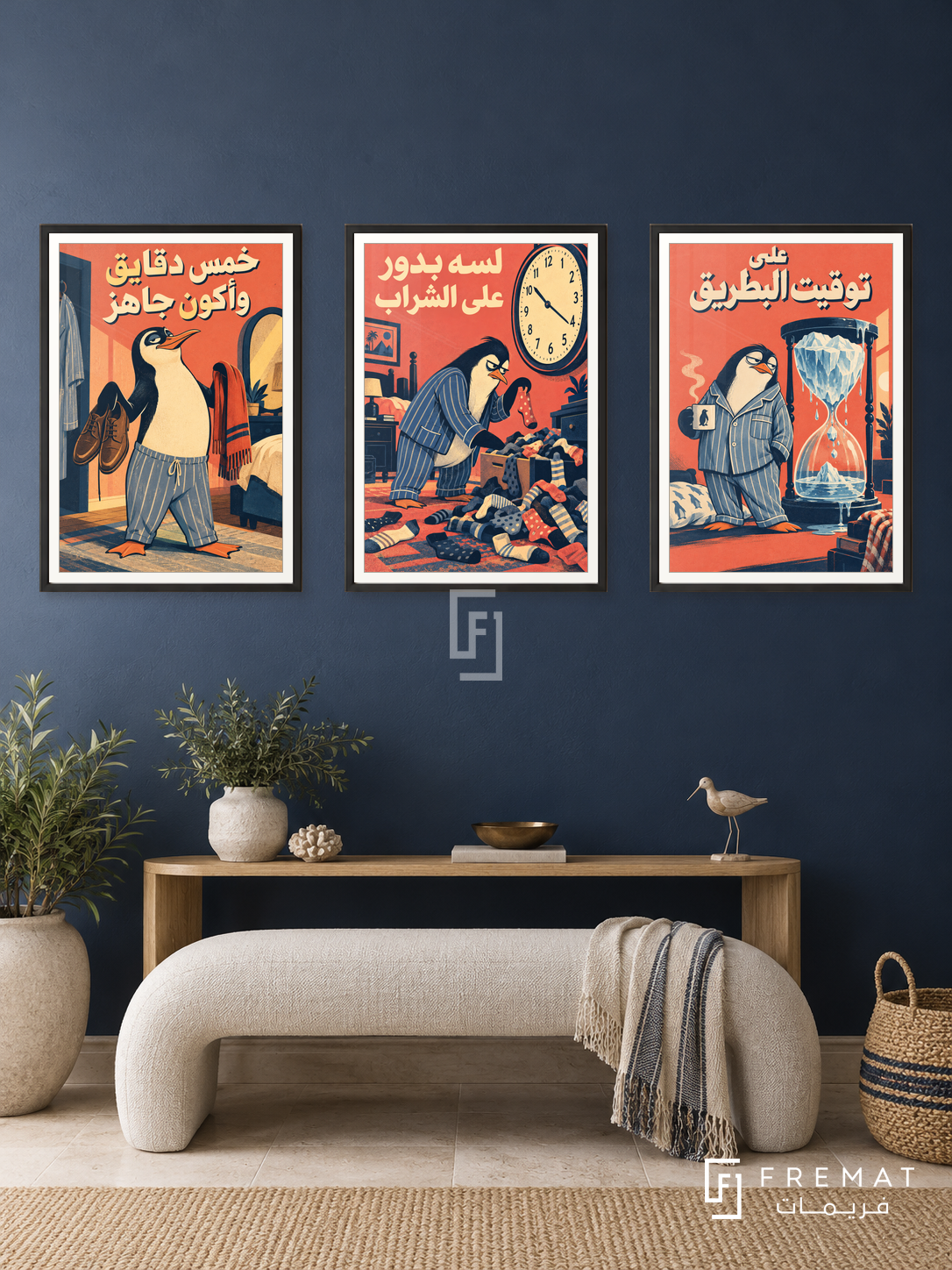 Five Minutes — set of three complementary funny artworks in Black frames, shown at 50×70 cm each.
