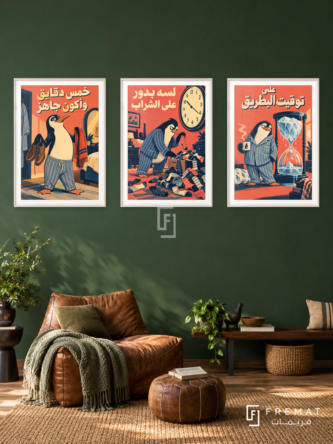 Five Minutes — set of three complementary funny artworks in White frames, shown at 50×70 cm each.