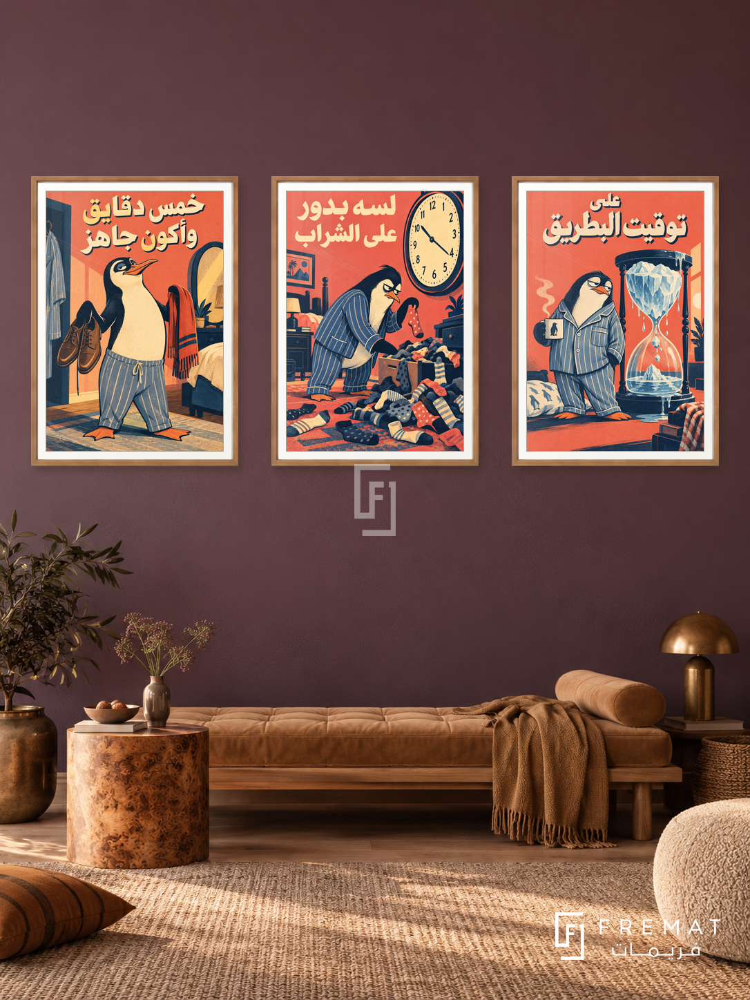 Five Minutes — set of three complementary funny artworks in Wooden Texture frames, shown at 50×70 cm each.