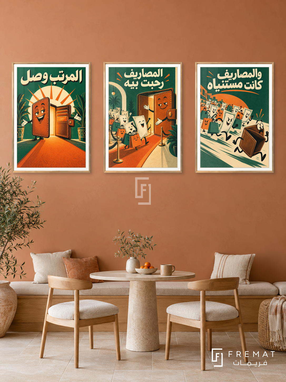 Salary — set of three complementary funny artworks in Gold frames, shown at 50×70 cm each.