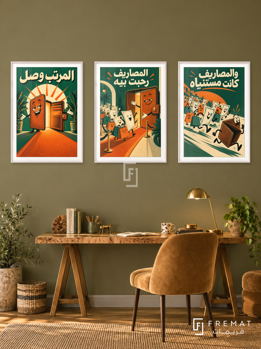 Salary — set of three complementary funny artworks in White frames, shown at 50×70 cm each.