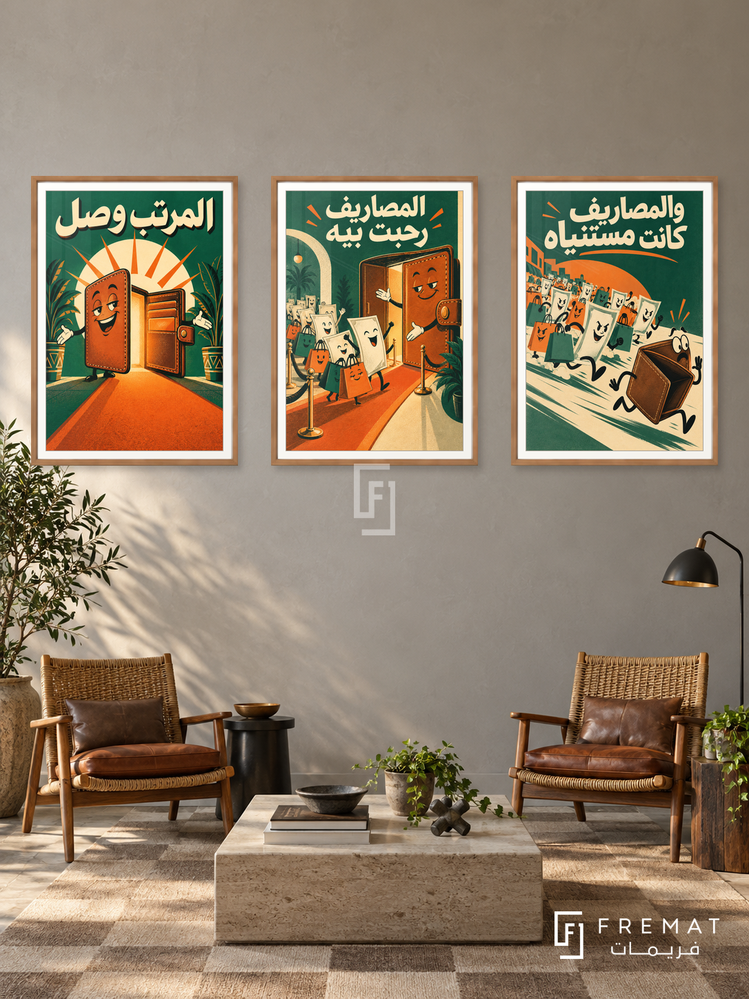 Salary — set of three complementary funny artworks in Wooden Texture frames, shown at 50×70 cm each.
