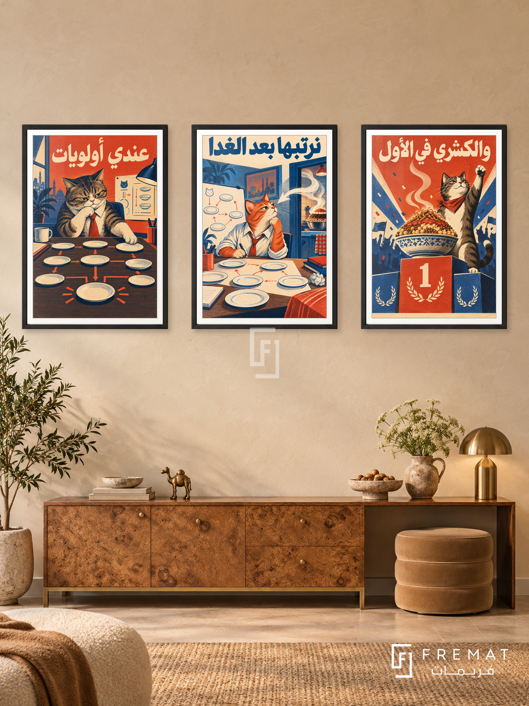 Koshary — set of three complementary funny artworks in Black frames, shown at 50×70 cm each.