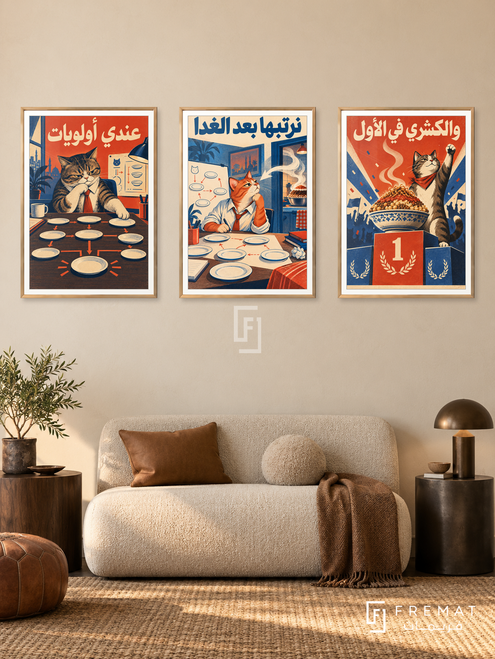 Koshary — set of three complementary funny artworks in Gold frames, shown at 50×70 cm each.