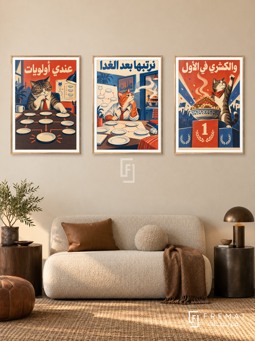 Koshary — set of three complementary funny artworks in Gold frames, shown at 50×70 cm each.