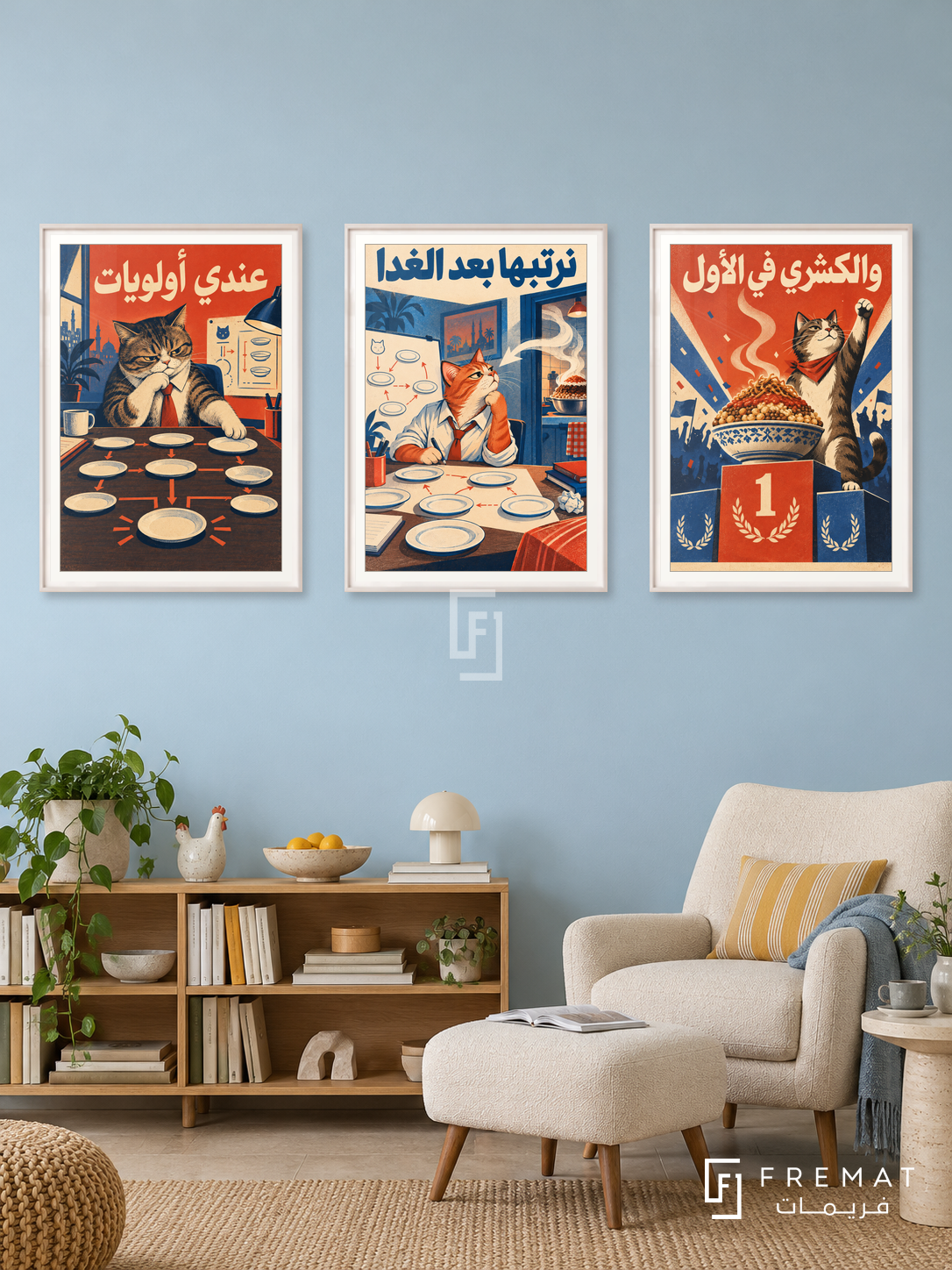 Koshary — set of three complementary funny artworks in White frames, shown at 50×70 cm each.