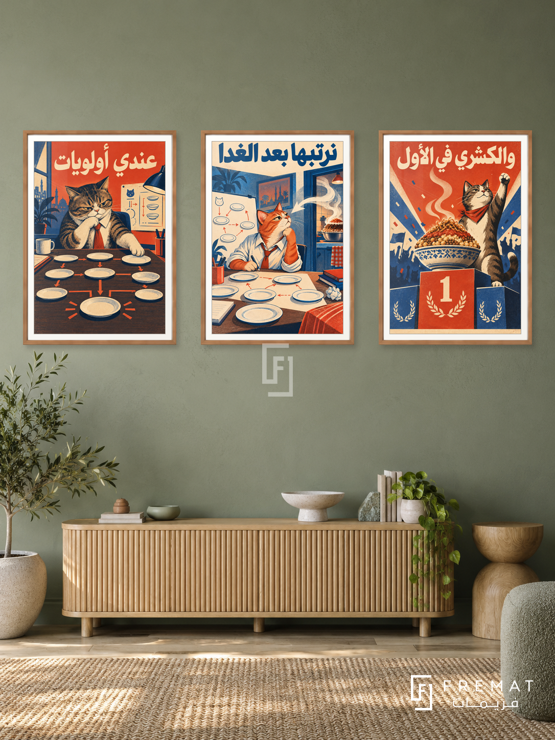 Koshary — set of three complementary funny artworks in Wooden Texture frames, shown at 50×70 cm each.