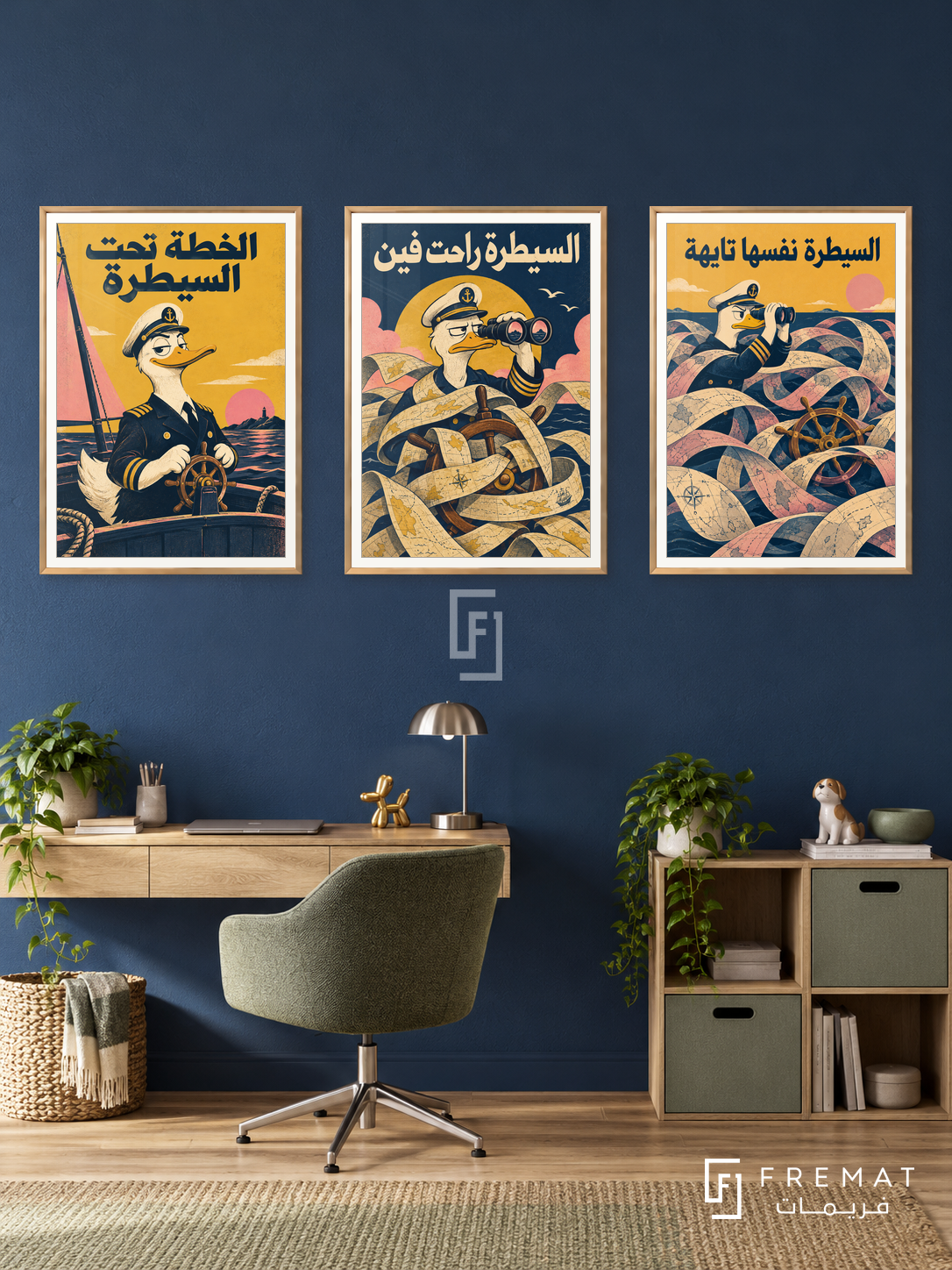 Control — set of three complementary funny artworks in Gold frames, shown at 50×70 cm each.