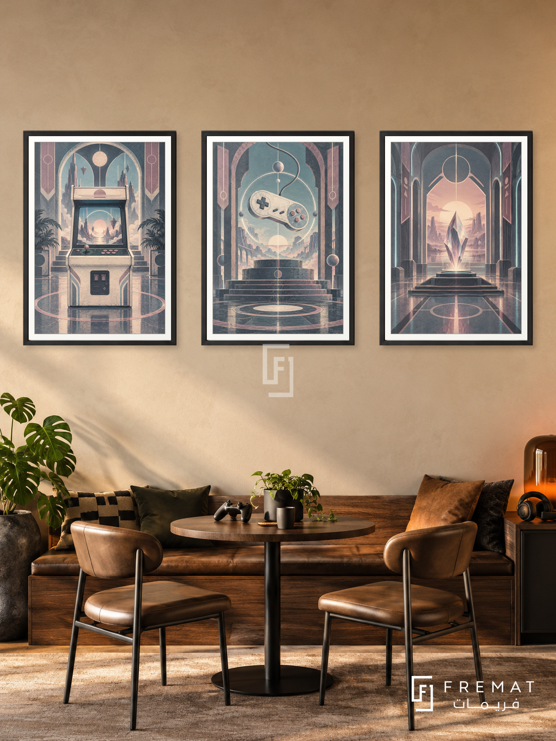 Neon Arcade — set of three complementary gaming artworks in Black frames, shown at 50×70 cm each.
