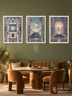 Neon Arcade — set of three complementary gaming artworks in Gold frames, shown at 50×70 cm each.