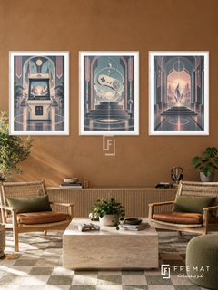 Neon Arcade — set of three complementary gaming artworks in White frames, shown at 50×70 cm each.
