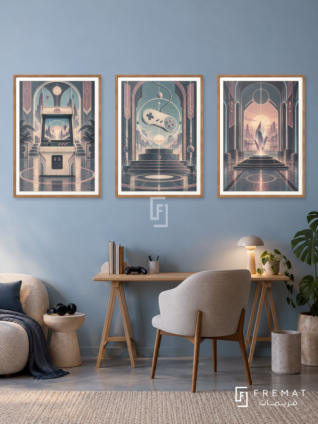 Neon Arcade — set of three complementary gaming artworks in Wooden Texture frames, shown at 50×70 cm each.