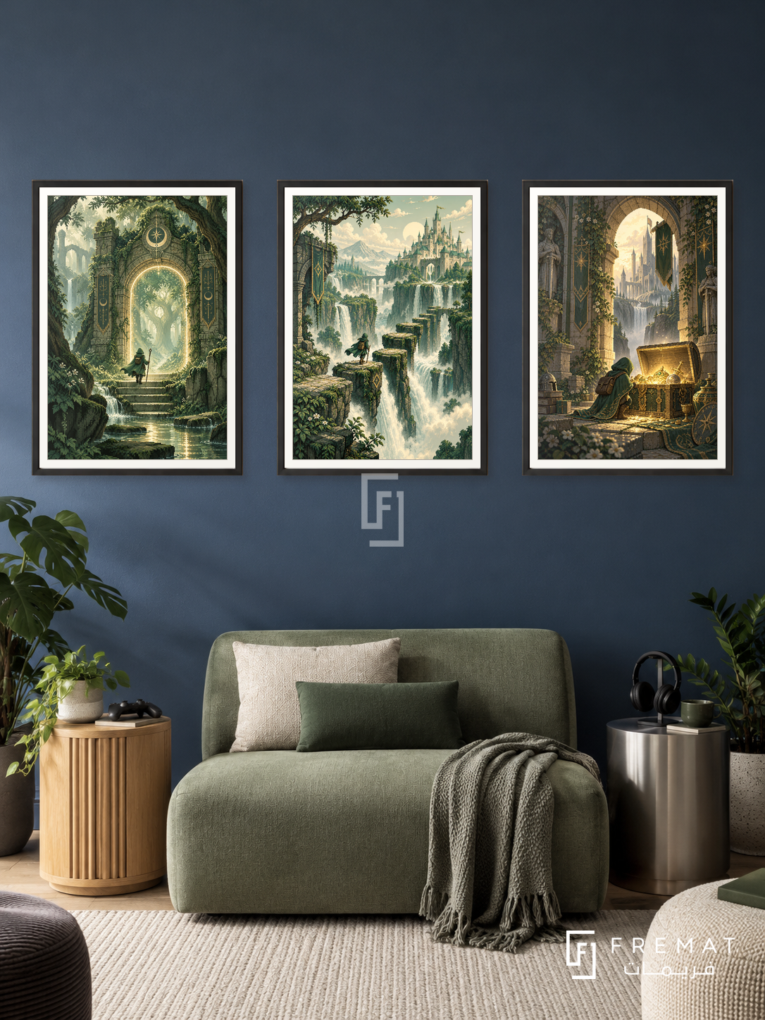 Pixel Quest — set of three complementary gaming artworks in Black frames, shown at 50×70 cm each.