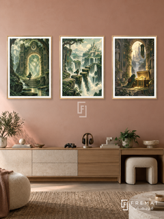 Pixel Quest — set of three complementary gaming artworks in Gold frames, shown at 50×70 cm each.