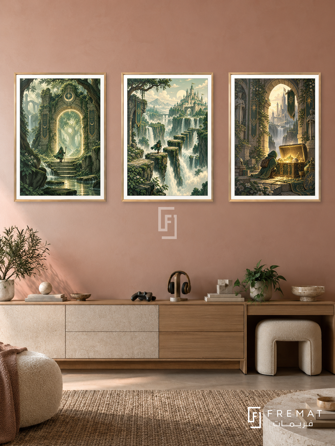 Pixel Quest — set of three complementary gaming artworks in Gold frames, shown at 50×70 cm each.
