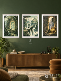 Pixel Quest — set of three complementary gaming artworks in White frames, shown at 50×70 cm each.