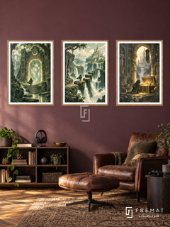 Pixel Quest — set of three complementary gaming artworks in Wooden Texture frames, shown at 50×70 cm each.