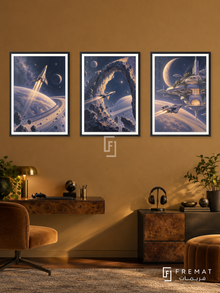 Cosmic Voyage — set of three complementary gaming artworks in Black frames, shown at 50×70 cm each.